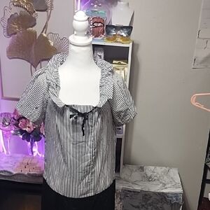 Black & White Striped Lace-Up Square Neck Blouse